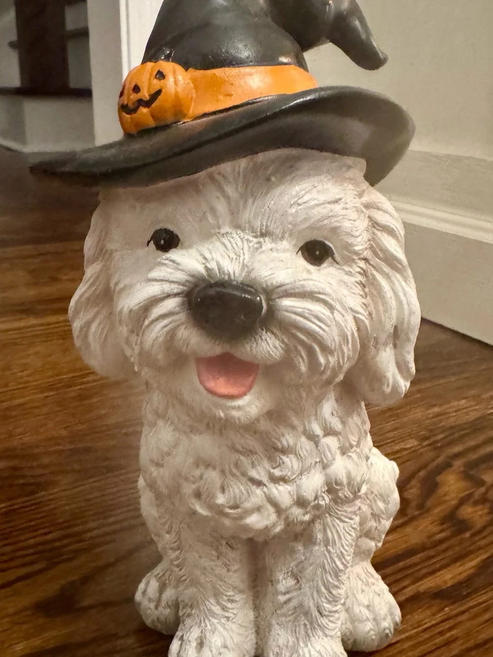 White Maltese Halloween Dog Statue with Black Witch Hat